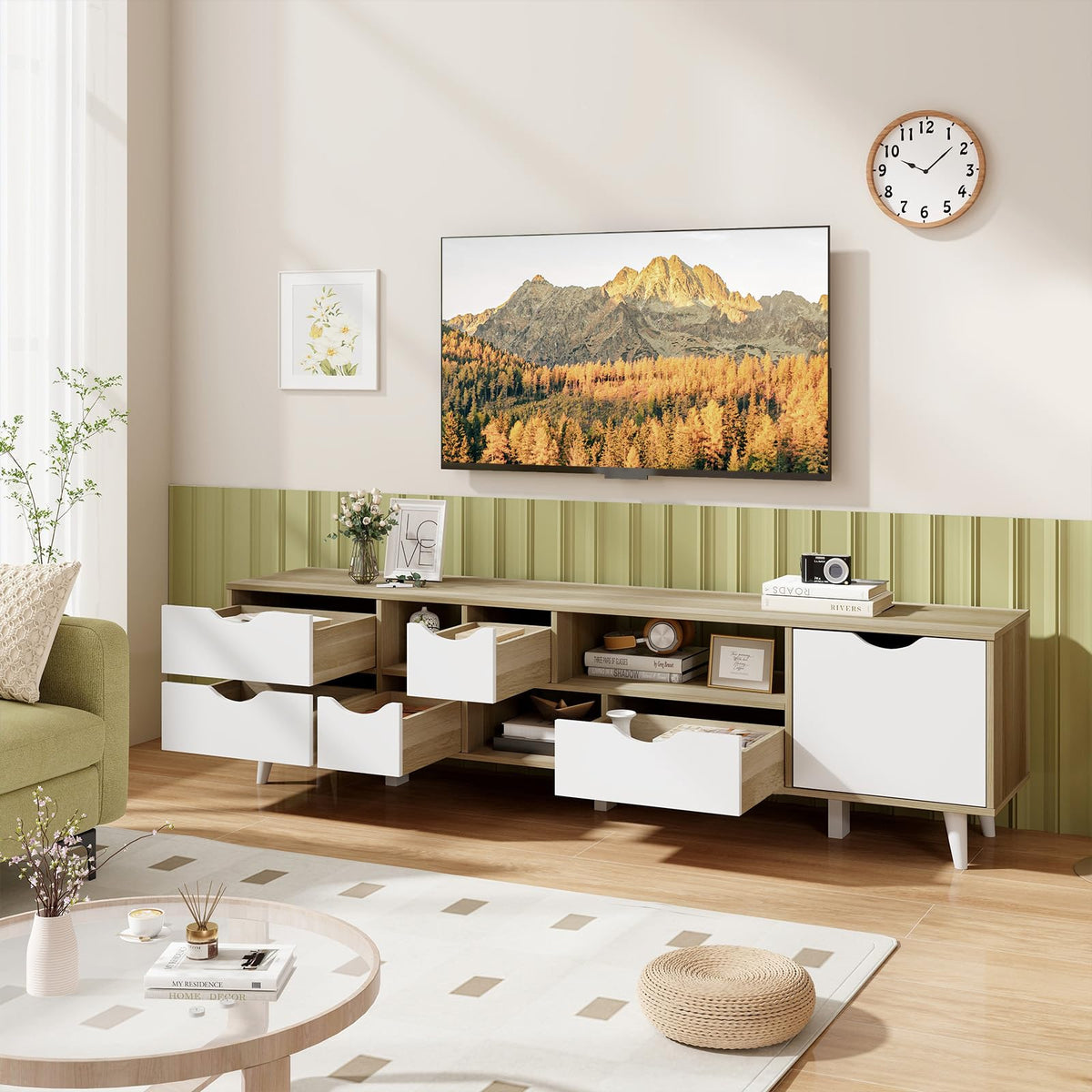 Goflame TV Stand for TVs up to 65”, Entertainment Center with 5 Drawers, 1 Cabinet, Television Stands for Bedroom, Oak