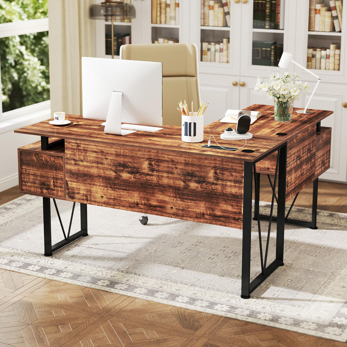 Goflame L Shaped Desk with Drawers, 59” Large Computer Desk with Power Outlet