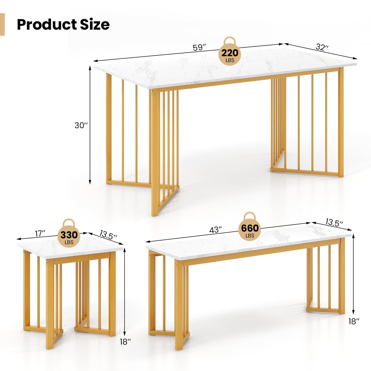 Goflame 4-Piece Dining Table Set for 4, Kitchen Table Chairs Set with Bench & 2 Stools