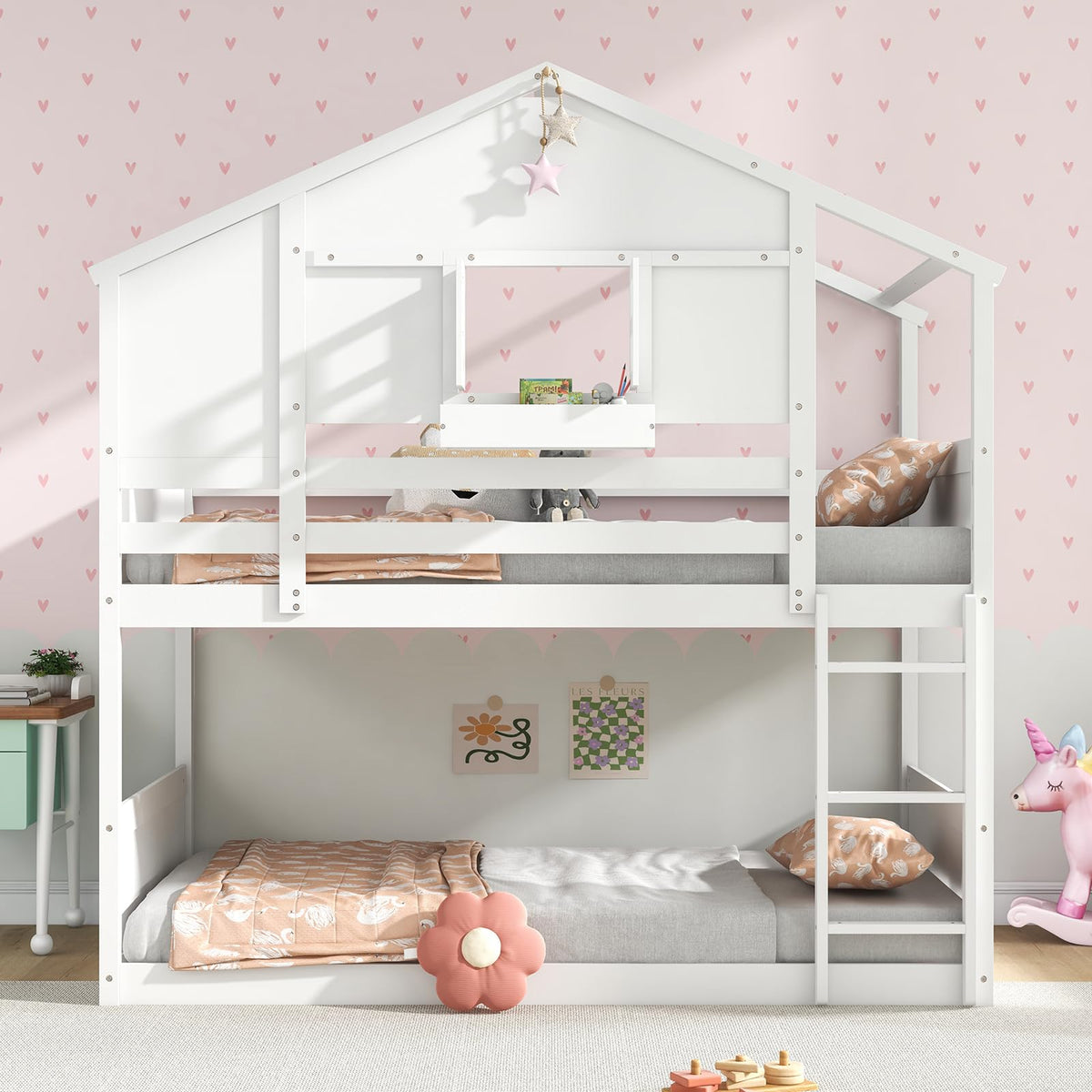Goflame Bunk Bed Twin Over Twin, Wood House Bed for Kids with Roof, Window Door, White