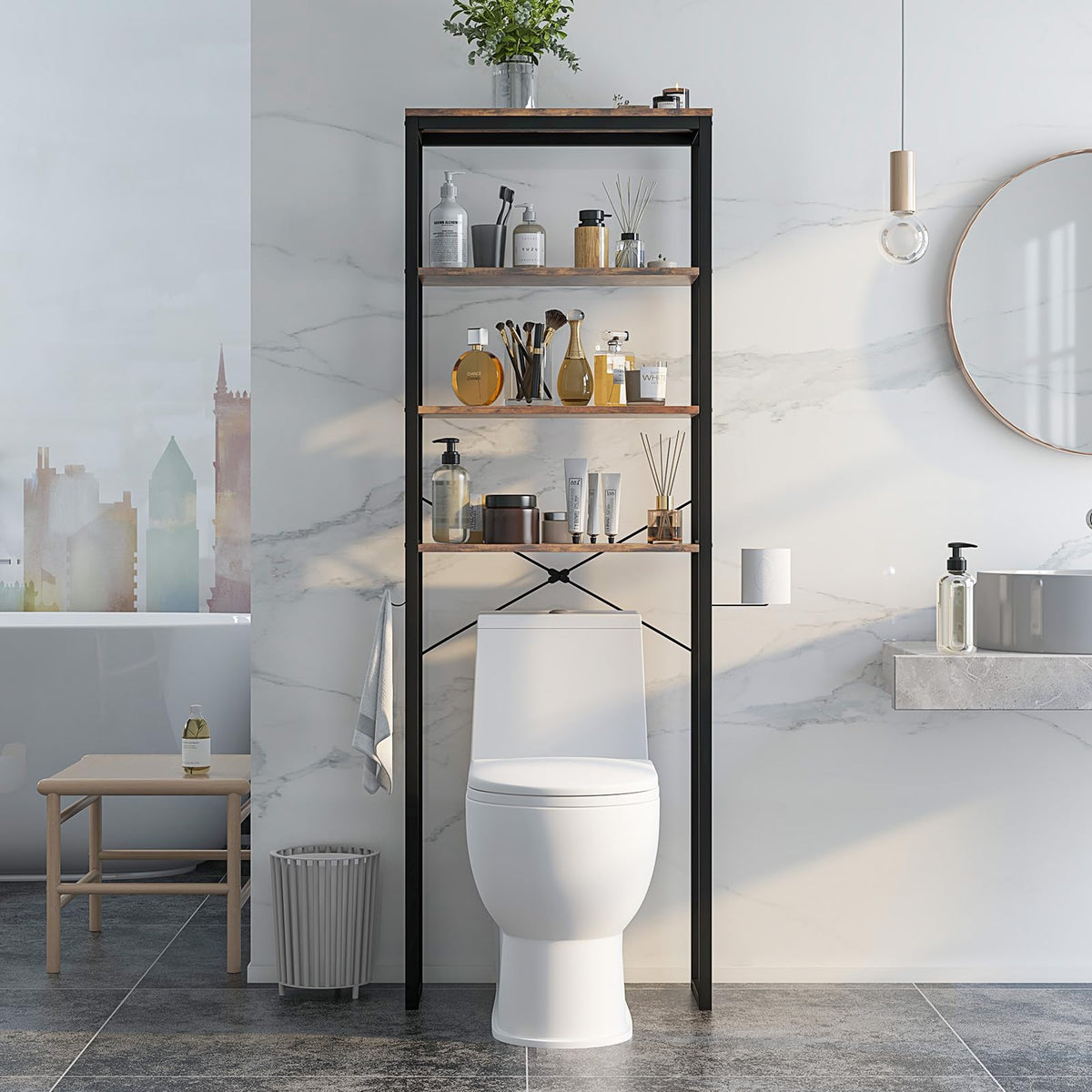 Goflame Over The Toilet Storage Rack, 4-Tier Wooden Bathroom Space Saver w/Metal Frame & 2 Hooks