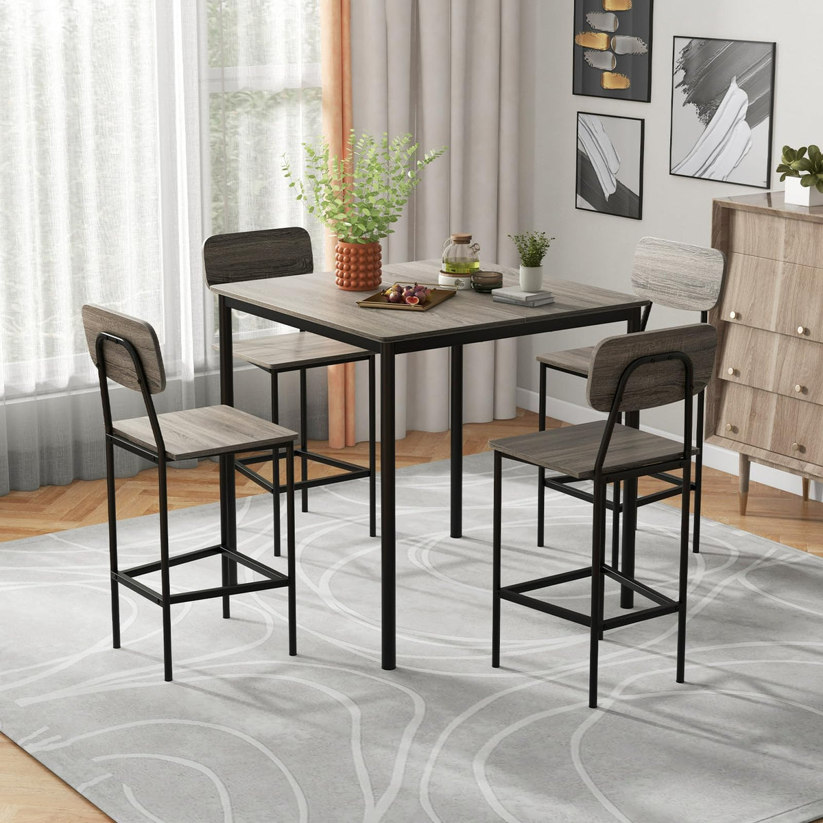 Goflame 5-Piece Dining Table Set W/Counter Height Table & 4 Bar Stools