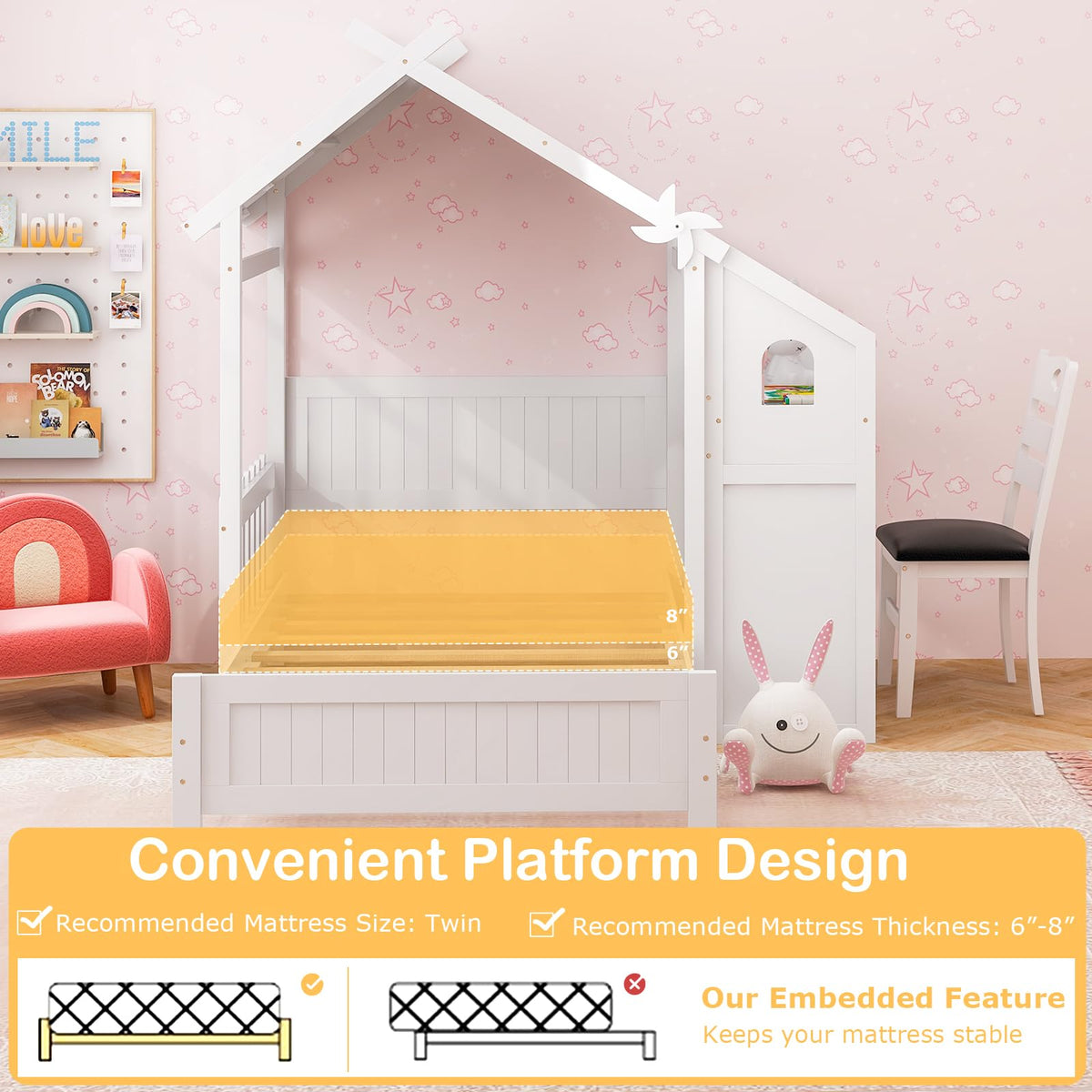 Goflame Twin House Bed with Desk & Chair, Wood Kids Playhouse Bed with 2 Drawers