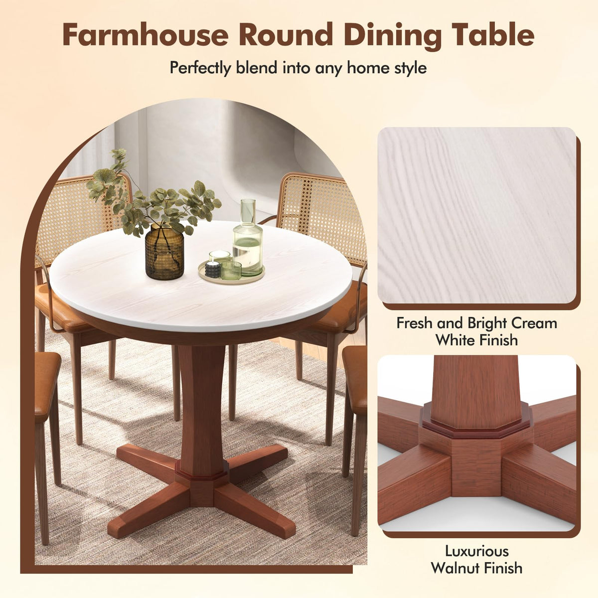 Goflame Round Dining Table, 36” Kitchen Table with Base, Solid Rubber Wood Frame, Breakfast Table for 4 People
