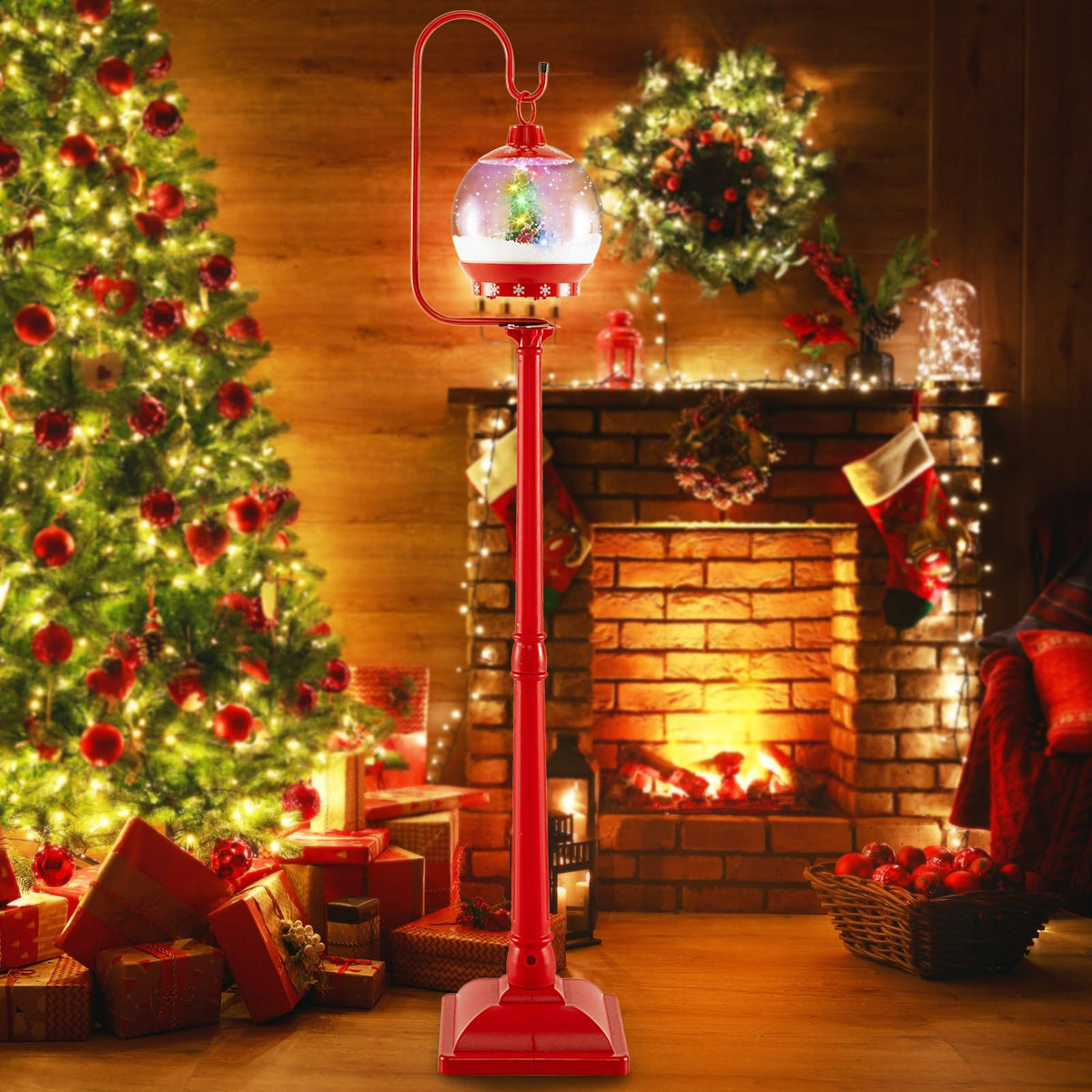 Goflame 68 Inch Musical Christmas Street Lamp, Festive Lamp Post w/Sound-Activated Snow Globe Lantern