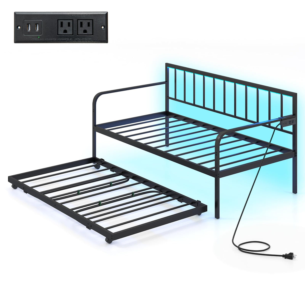 Goflame Twin Daybed with Trundle, Metal Day Bed with Charging Station & LED Lights