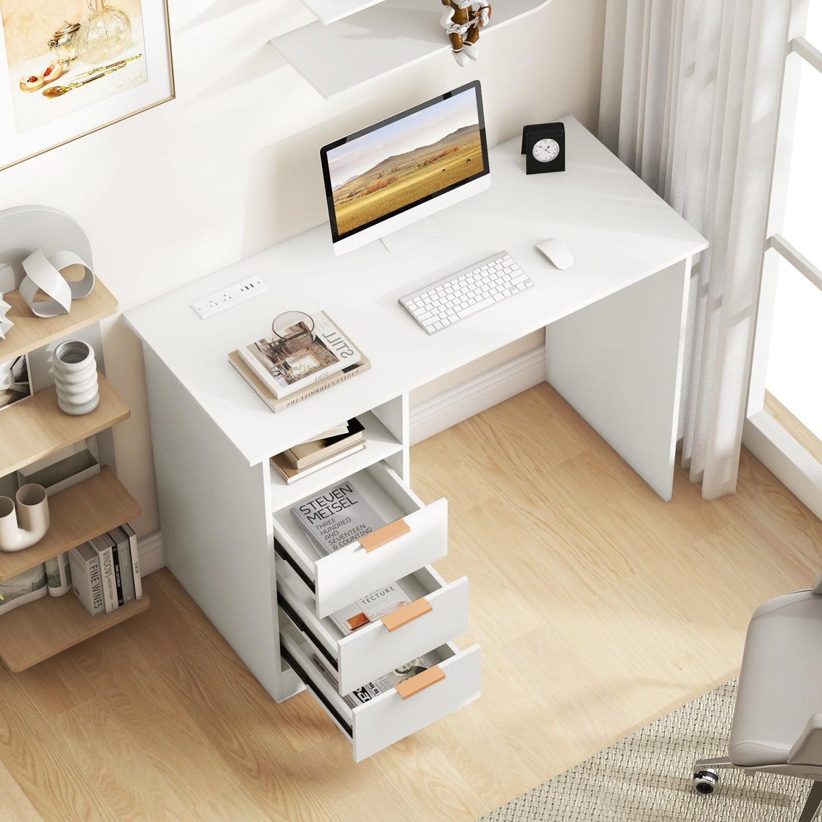 Goflame White Desk with Drawers, Modern Home Office Desk Writing Study Desk with Charging Station