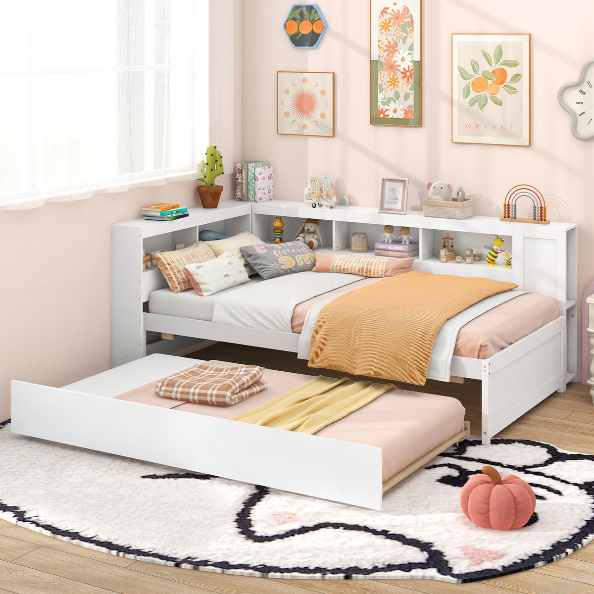 Goflame Twin Daybed with Trundle, Wood Twin Bed Frames with Storage Headboard, Reversible Bookcase