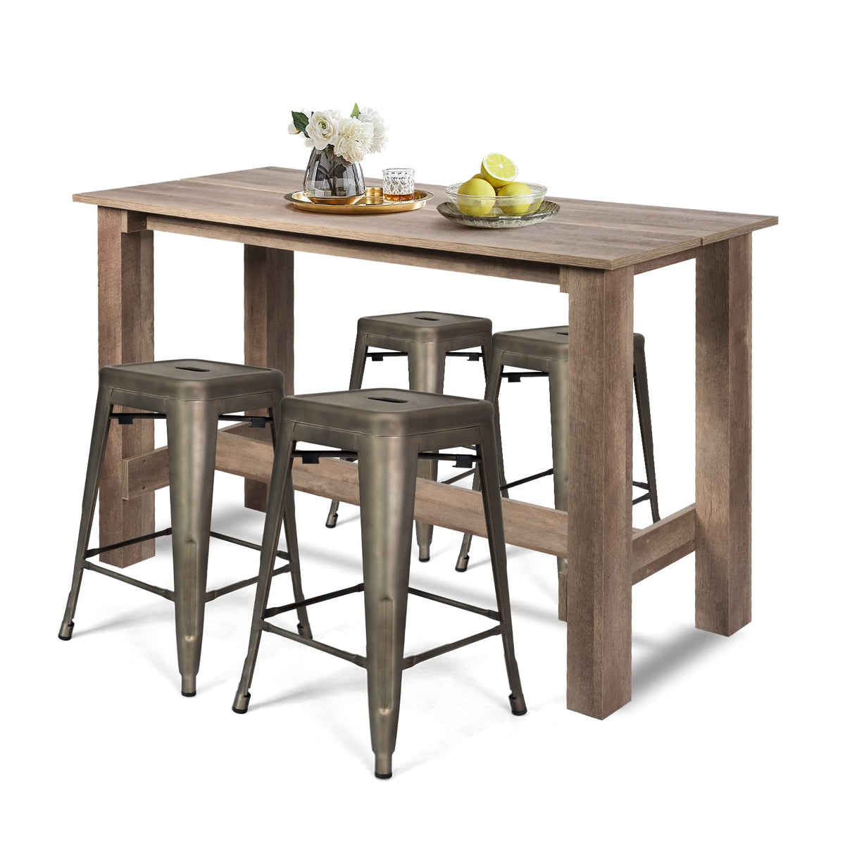 Goflame 5 Pieces Dining Table Set, Rectangular Counter Height Table w/ 4 Metal Bar Stools