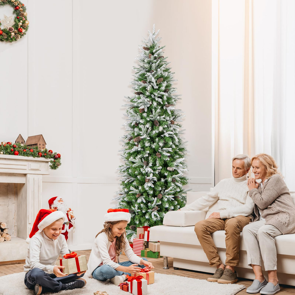 Goflame 7.5 FT Pre-Lit Pencil Christmas Tree, Artificial Snow Flocked Hinged Fake Slim Xmas Tree with 350 Warm-White LED Lights