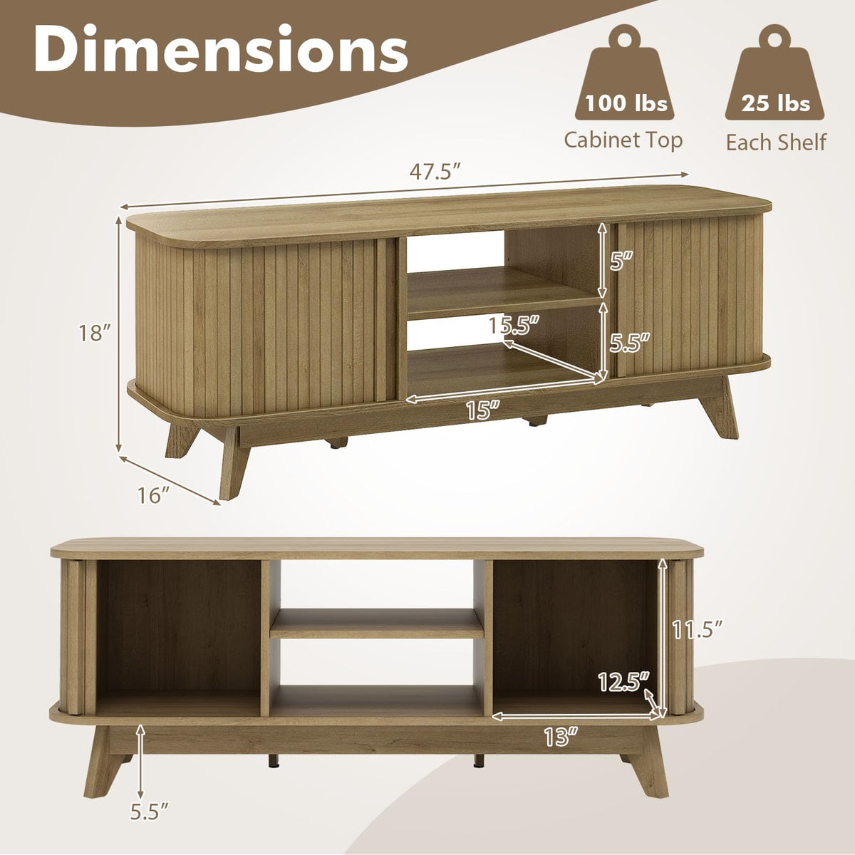 Goflame TV Stand for 55-Inch TV, Entertainment Center with Dual Sliding Doors, Enclosed Cabinets, Adjustable Shelf
