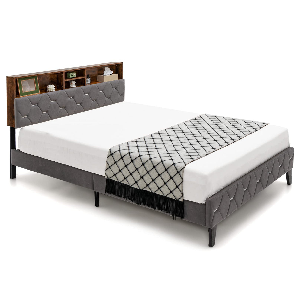 Goflame Full Size Bed Frame with Storage Headboard
