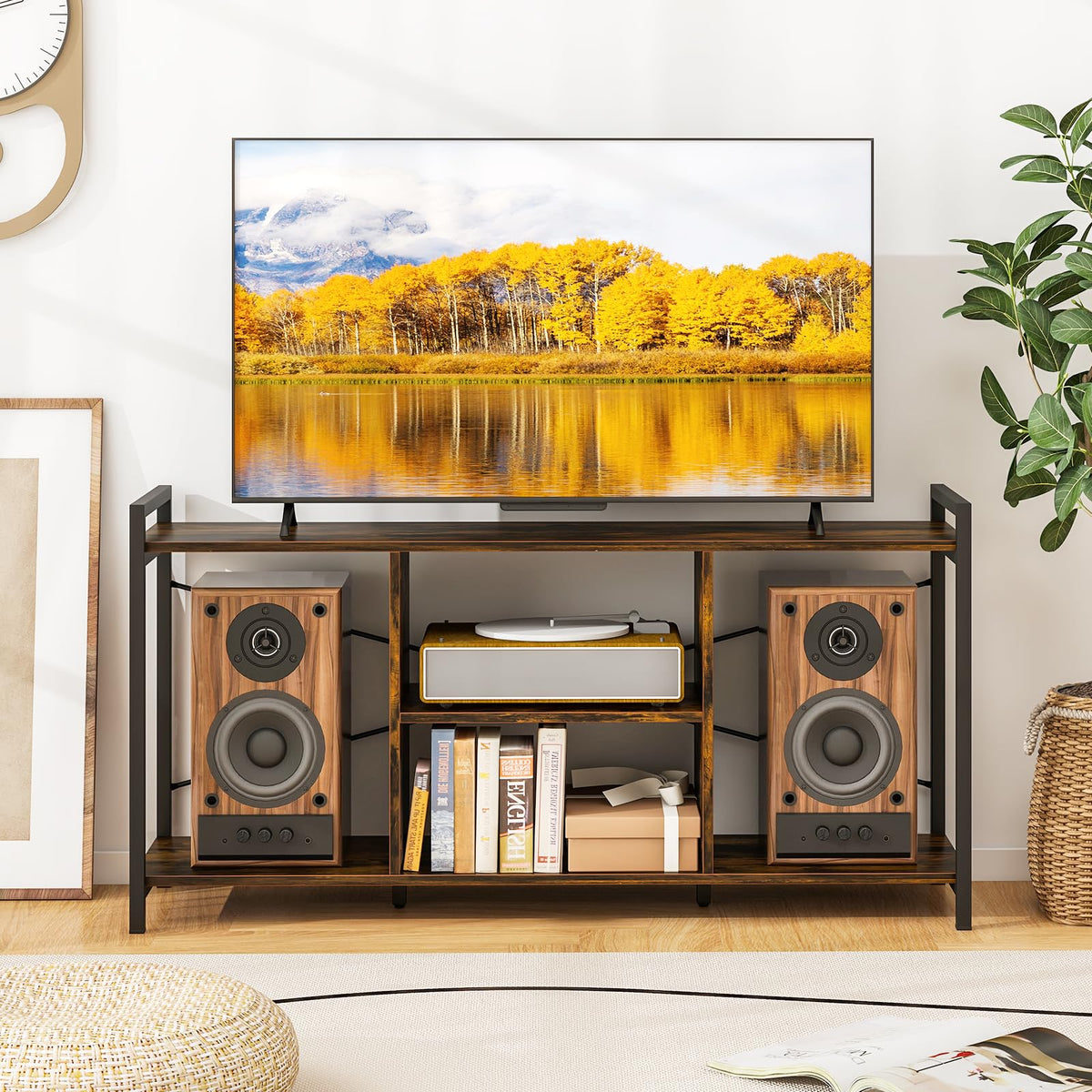Goflame TV Stand for TVs up to 55", 3-Tier Entertainment Center with Open Storage Shelves, Side Guardrails & Metal Frame