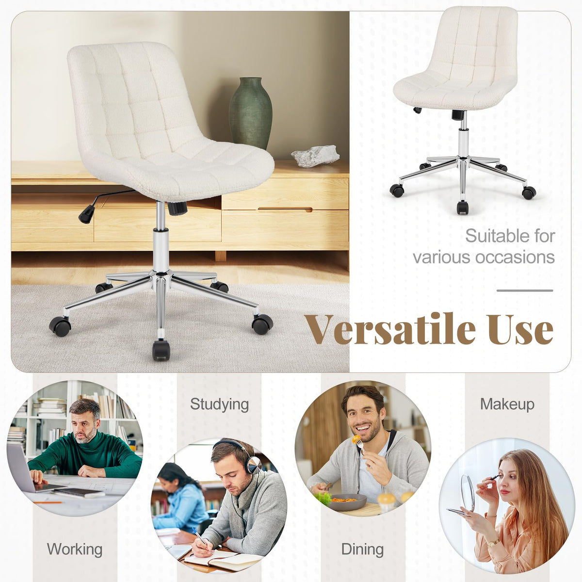 Goflame Armless Office Chair, Modern Faux Fur White Vanity Chair with Wheels & Adjustable Height