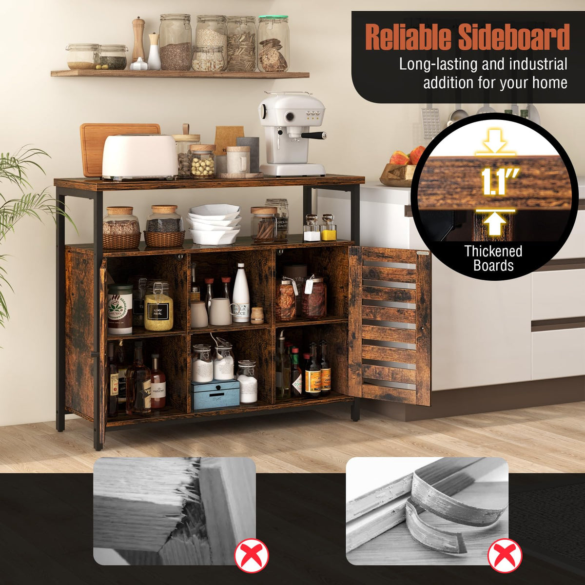 Goflame Buffet Cabinet, Kitchen Sideboard with 2 Storage Cupboards, Open Shelves, 2 Cubes, Anti-Tipping Kits