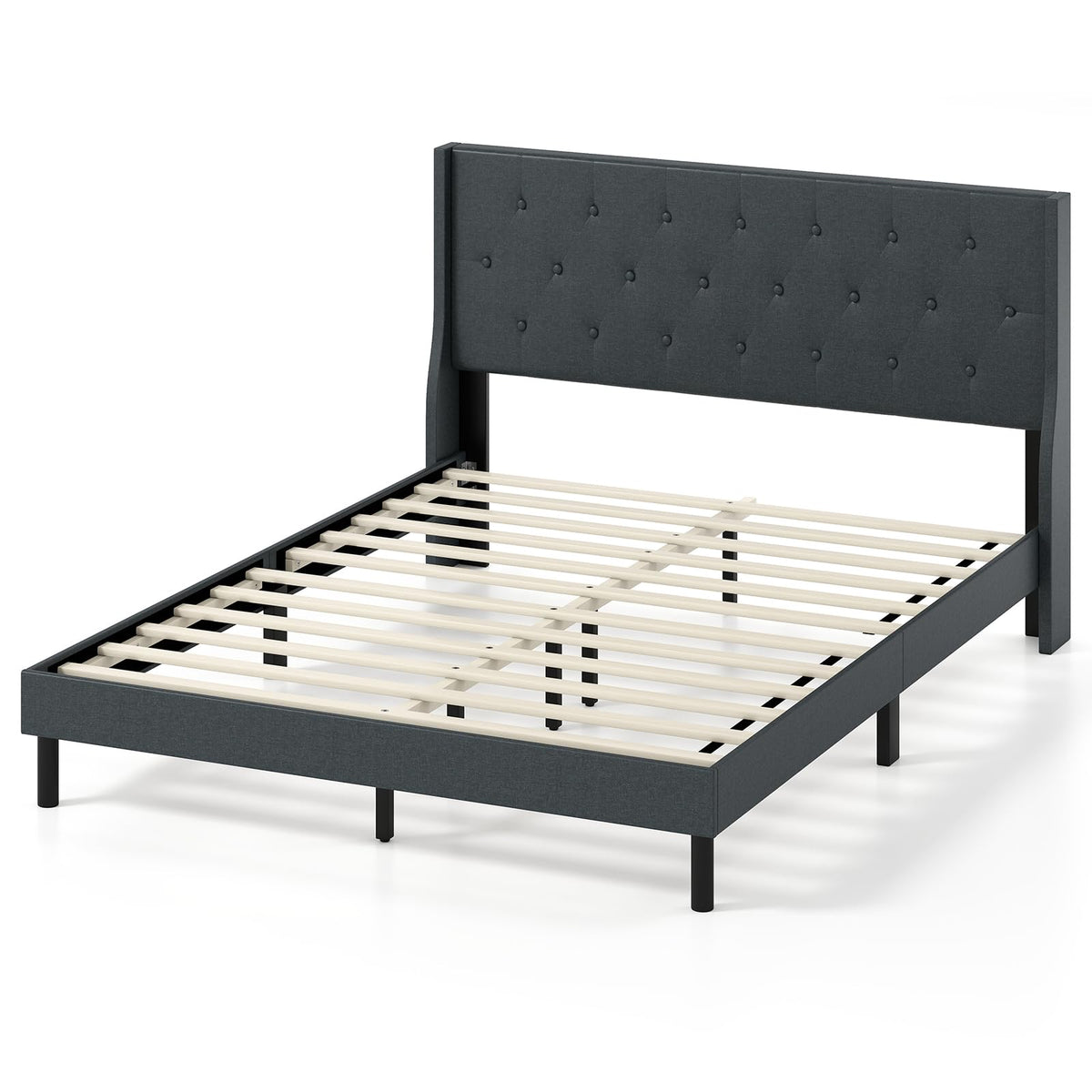 Goflame Queen Size Upholstered Bed Frame Linen Fabric Platform Bed with Button Tufted Wingback Headboard