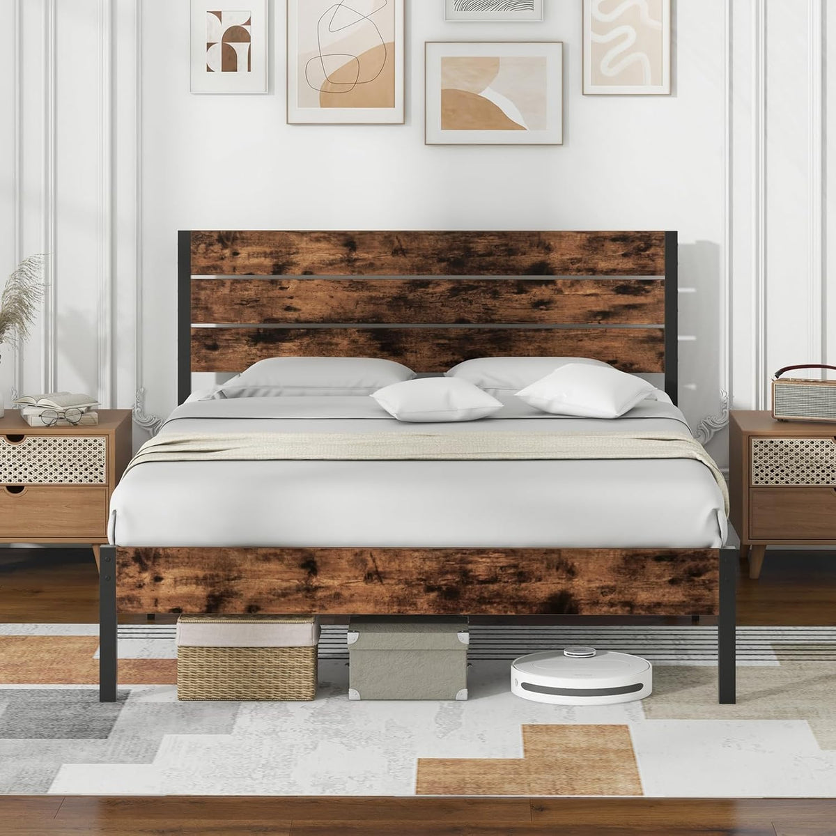 Goflame King/Queen/Full/Twin Size Metal Platform Bed Frame, Industrial Bed Frames with Wood Headboard