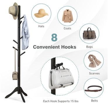 Coat Rack Freestanding, Wooden Entryway Coat Tree Hanger with 8 Hooks and 4 Sections
