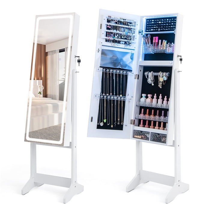 Jewelry Cabinet Armoire with Full Length Mirror, Freestanding Jewelry Cabinet with 3-Color LED Lights