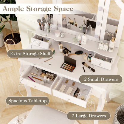 Makeup Vanity Set with Tri-Fold Mirror & Dimmable Lights, Vanity Desk and Cushioned Stool Set with 4 Drawers