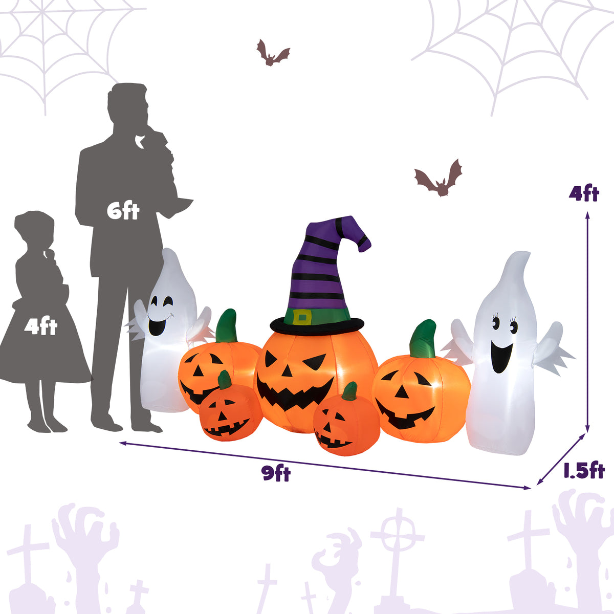 9FT Long Halloween Inflatable Pumpkin with 2 Ghosts, Blow up Yard Decoration with Built-in LED Lights