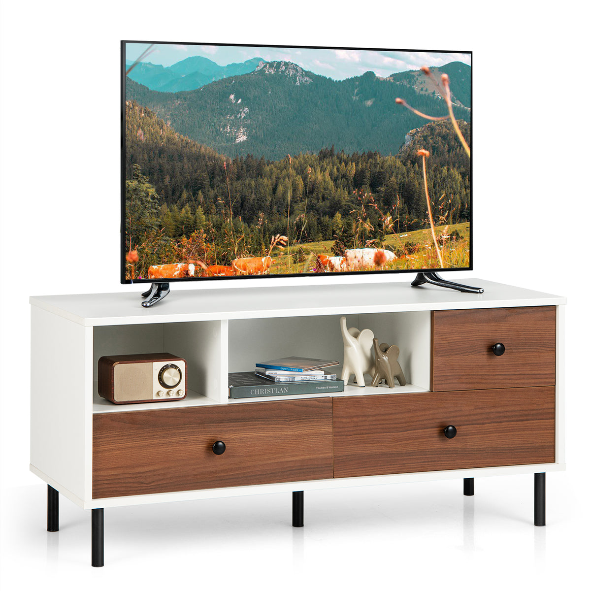 TV Stand for TV up to 50 Inch, Modern Entertainment Center with 3 Drawers & 2 Open Storage Shelves