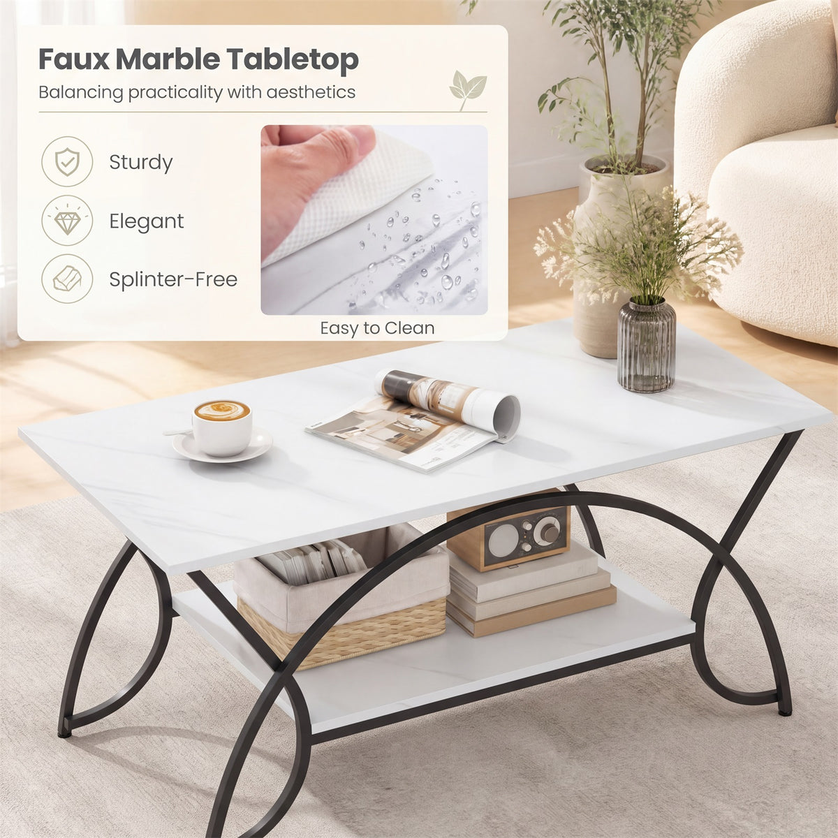 Industrial Coffee Table, 2-Tier Rectangular Center Table with Storage Shelf