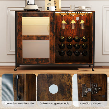 Wine Bar Cabinet with Wheels and LED Lights, Industrial Coffee Bar Cabinet for Liquor