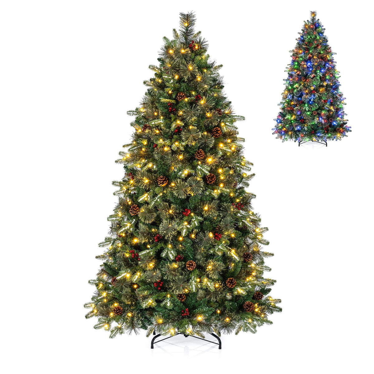GOFLAME 6ft/7ft Pre-lit Christmas Tree with Pine Cones and Red Berries Artificial Holiday Decoration Tree