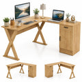 GOFLAME L-Shaped Computer Desk with Reversible Drawer & Cabinet