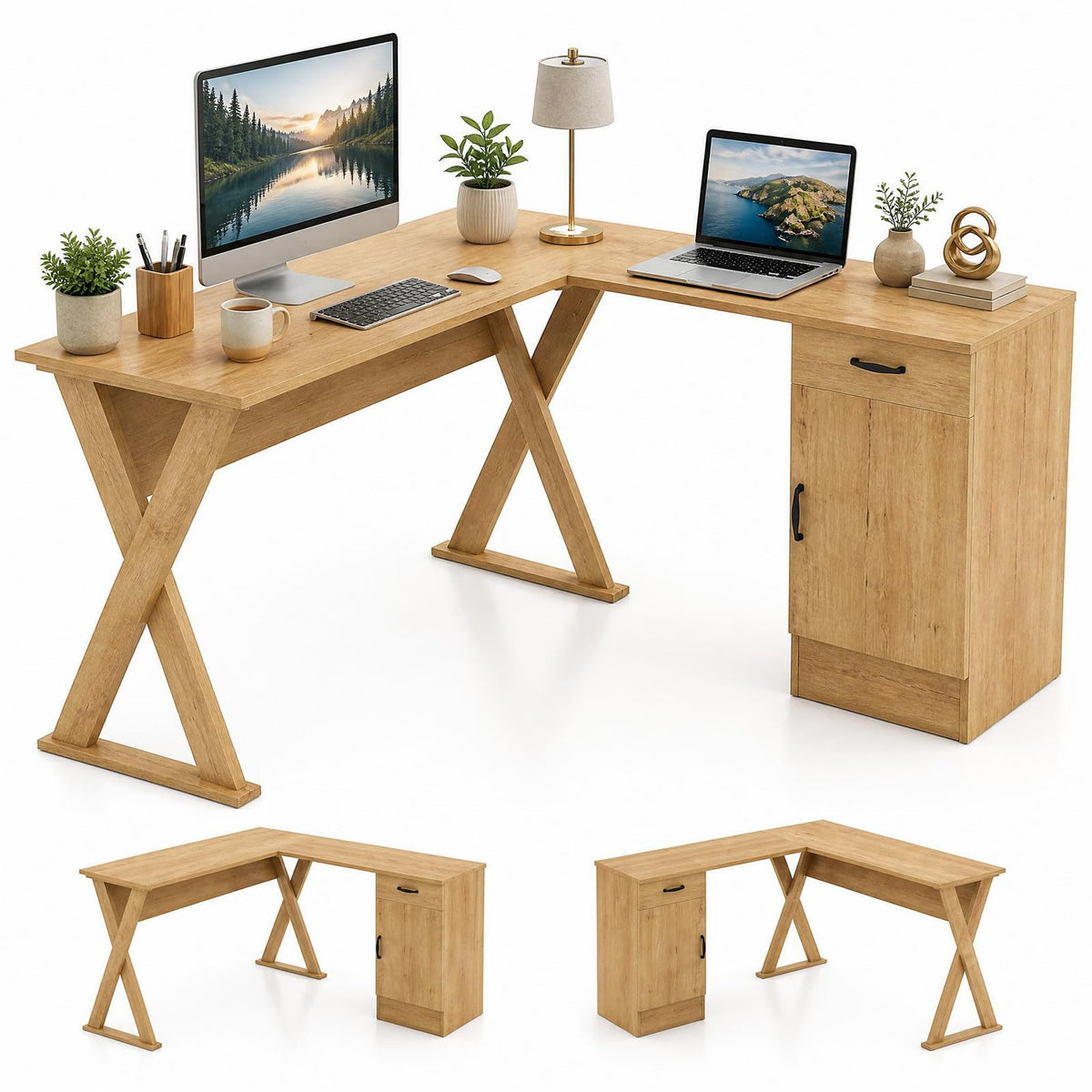 GOFLAME L-Shaped Computer Desk with Reversible Drawer & Cabinet