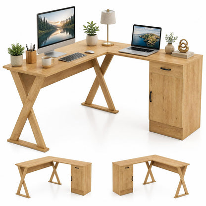 GOFLAME L-Shaped Computer Desk with Reversible Drawer & Cabinet