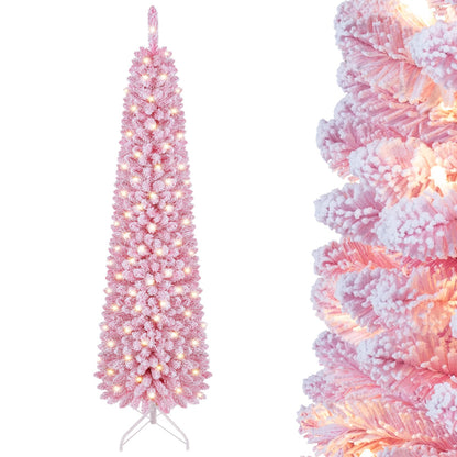 GOFLAME 6FT/7FT Pre-lit Pencil Christmas Tree Artificial Pink Christmas Tree