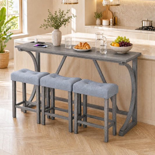 GOFLAME 4-Piece Counter Height Bar Table Set with Power Outlet Grey