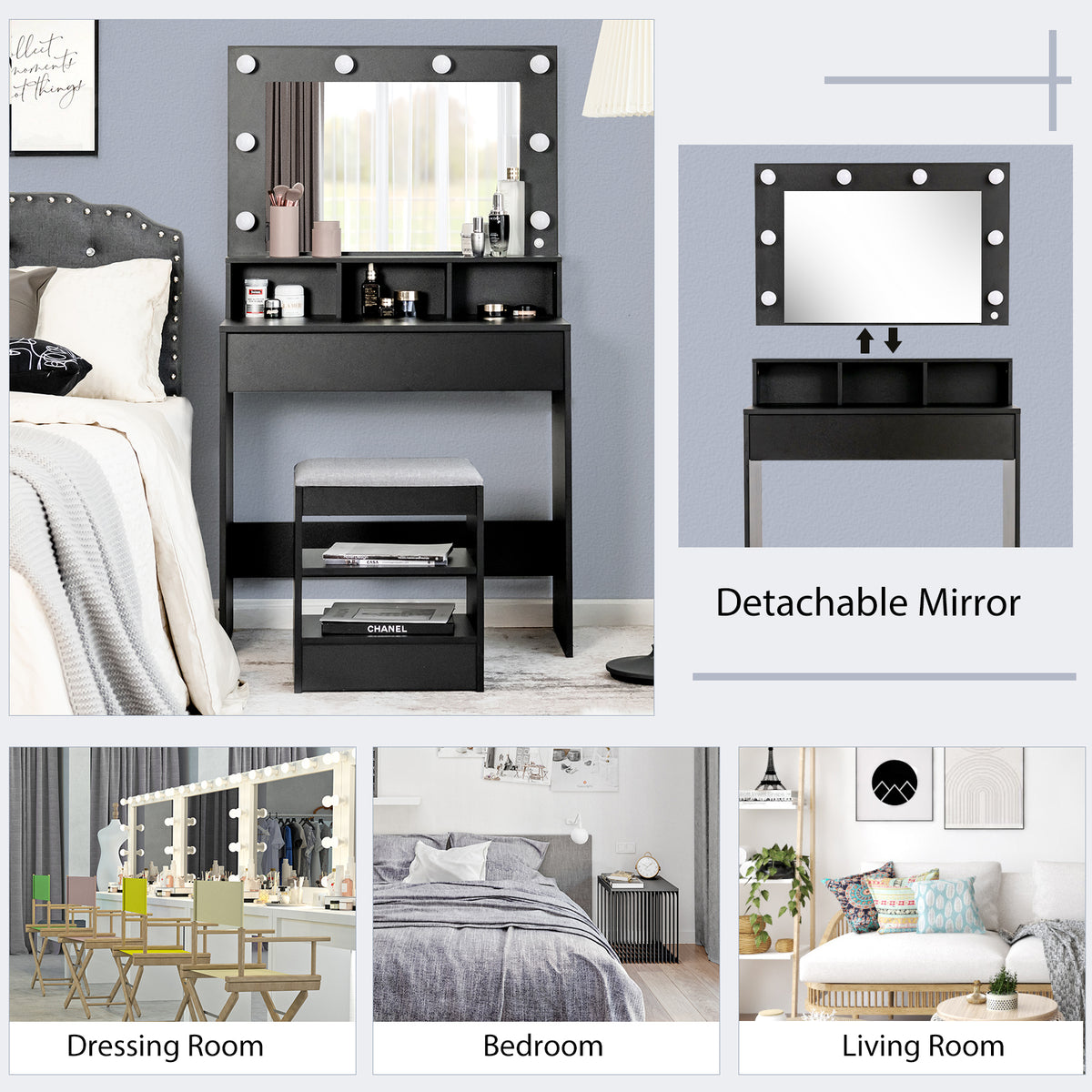 Vanity Table Set with Lighted Mirror, Makeup Dressing Desk with LED Lights