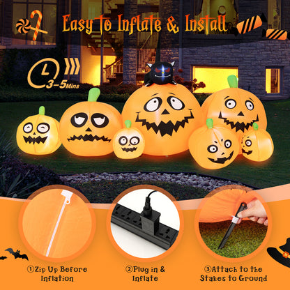 8FT Long Halloween Inflatable Pumpkin, 4 Pumpkins Patch Halloween Decoration with Black Cat and Built-in LED Lights