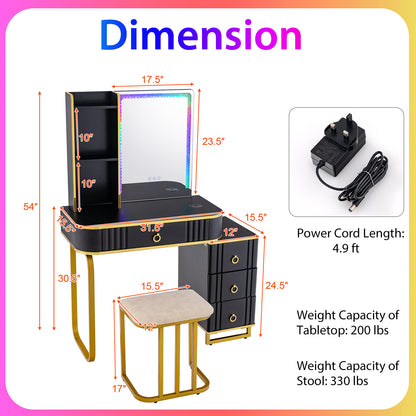 RGB Vanity Table Set with Mirror and Lights, Makeup Vanity Desk with Dimmable LED Lights