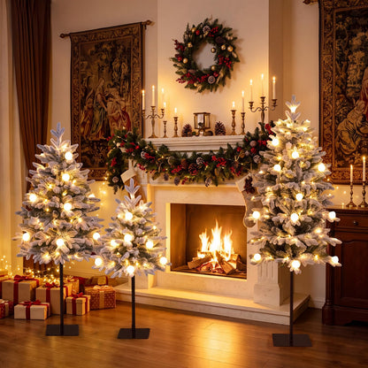 GOFLAME Set of 3 Pre-lit Christmas Tree | Snow Flocked Christmas Tree Set