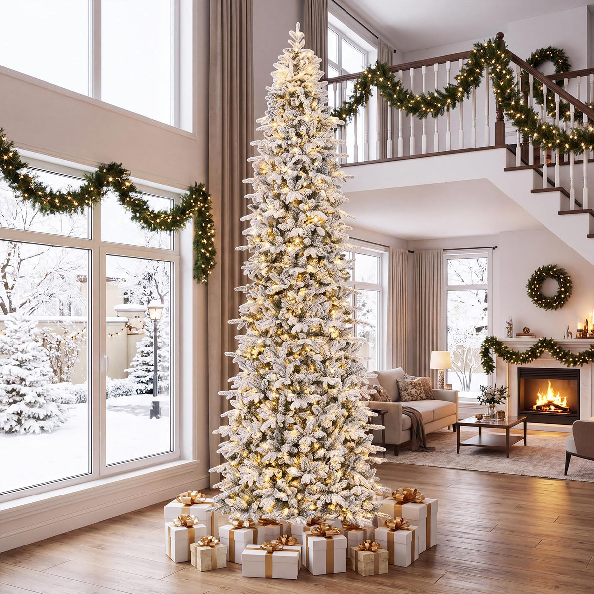 GOFLAME 12FT Pre-lit Christmas Tree | Snow Flocked Artificial Xmas Tree