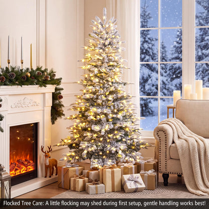 GOFLAME 6FT/7FT Pre-lit Christmas Tree | Snow Flocked Artificial Xmas Tree