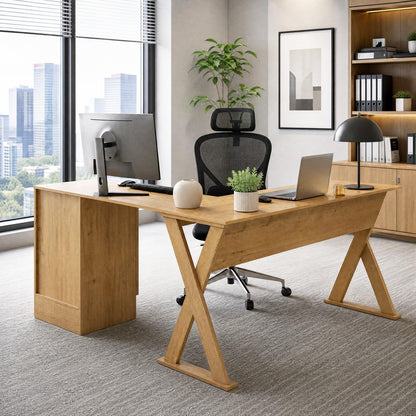 GOFLAME L-Shaped Computer Desk with Reversible Drawer & Cabinet
