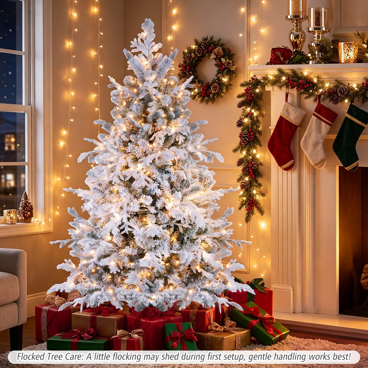 GOFLAME 5/6/7/8FT Pre-lit Christmas Tree | Snow Flocked Artificial Xmas Tree
