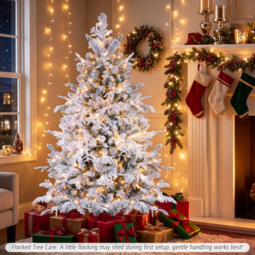 GOFLAME 5/6/7/8FT Pre-lit Christmas Tree | Snow Flocked Artificial Xmas Tree