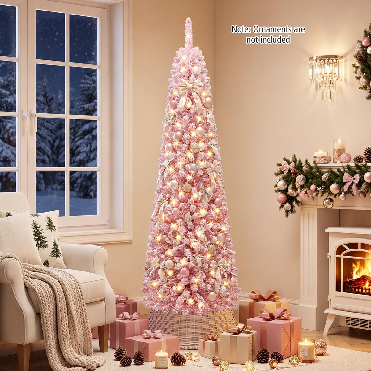 GOFLAME 6FT/7FT Pre-lit Pencil Christmas Tree Artificial Pink Christmas Tree