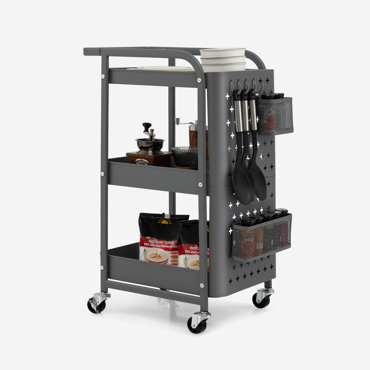 3-Tier Rolling Storage Cart with DIY Dual Pegboards, 2 Baskets, 4 Removable Hooks