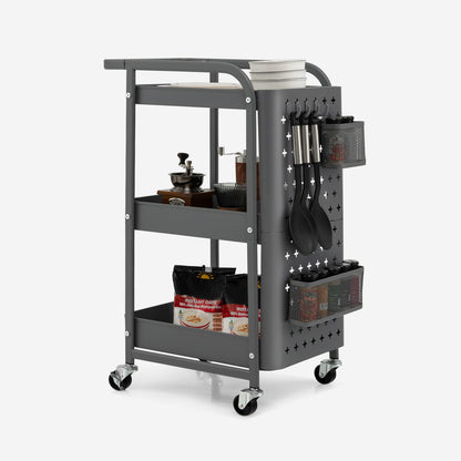 3-Tier Rolling Storage Cart with DIY Dual Pegboards, 2 Baskets, 4 Removable Hooks