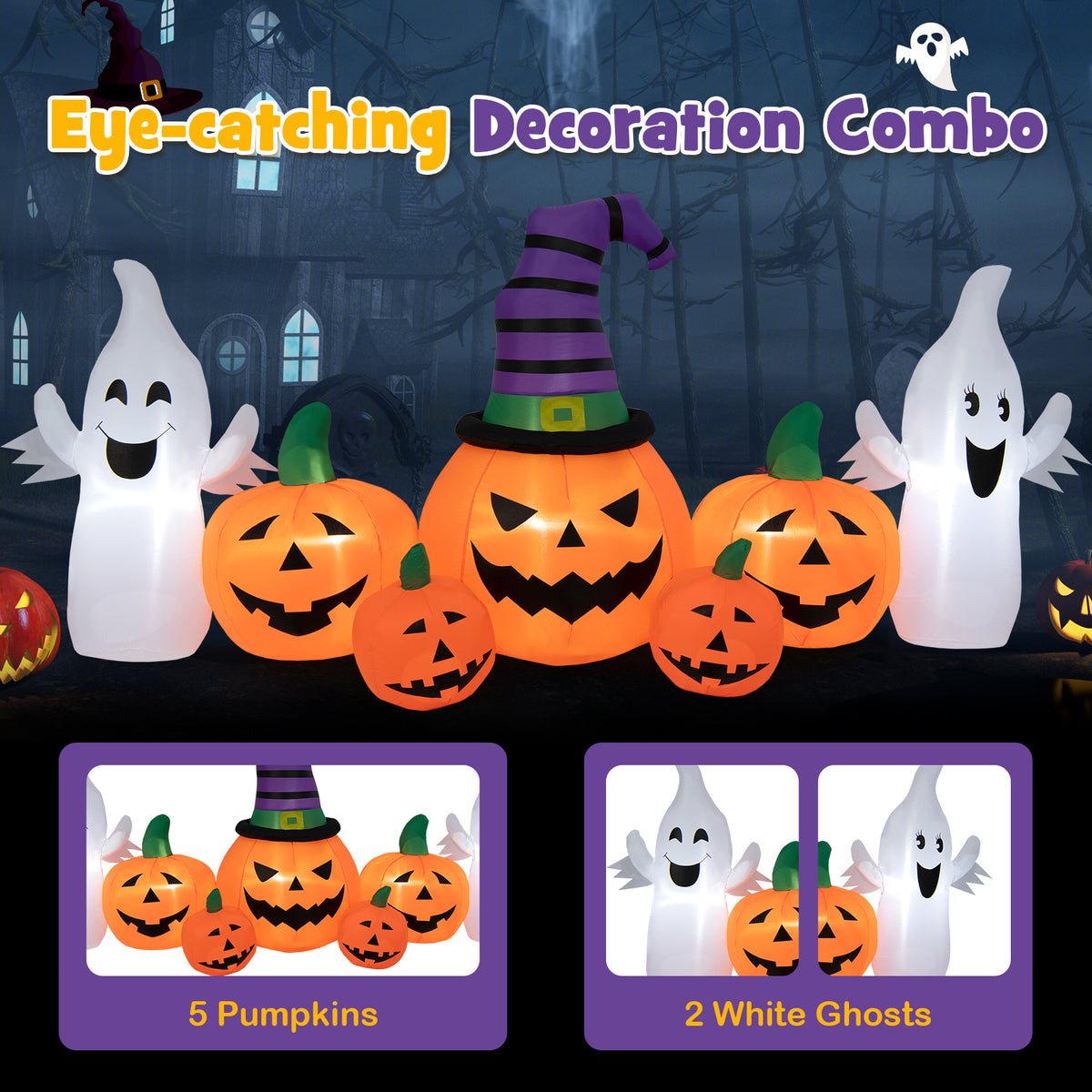 9FT Long Halloween Inflatable Pumpkin with 2 Ghosts, Blow up Yard Decoration with Built-in LED Lights