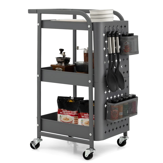 3-Tier Rolling Storage Cart with DIY Dual Pegboards, 2 Baskets, 4 Removable Hooks