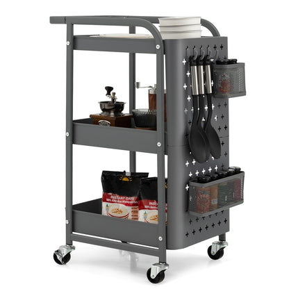 3-Tier Rolling Storage Cart with DIY Dual Pegboards, 2 Baskets, 4 Removable Hooks