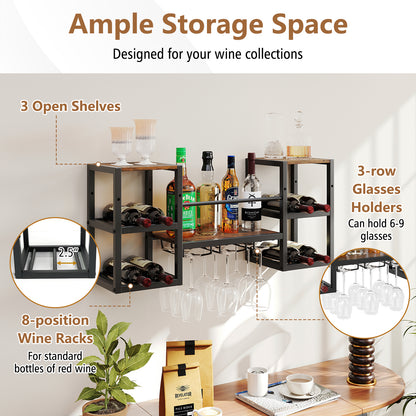 Wall Mounted Wine Rack with Glass Holder, Heavy-Duty Metal Frame 8-Bottle Holder with Open Shelf